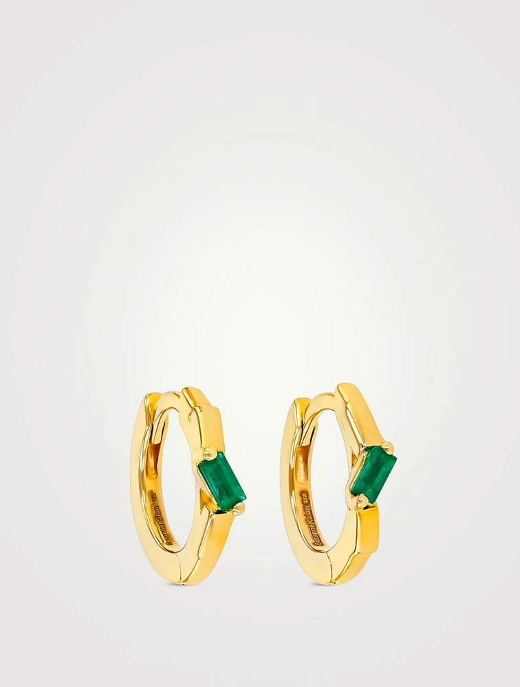 18K Gold Bold Single Emerald Huggie Hoop Earrings