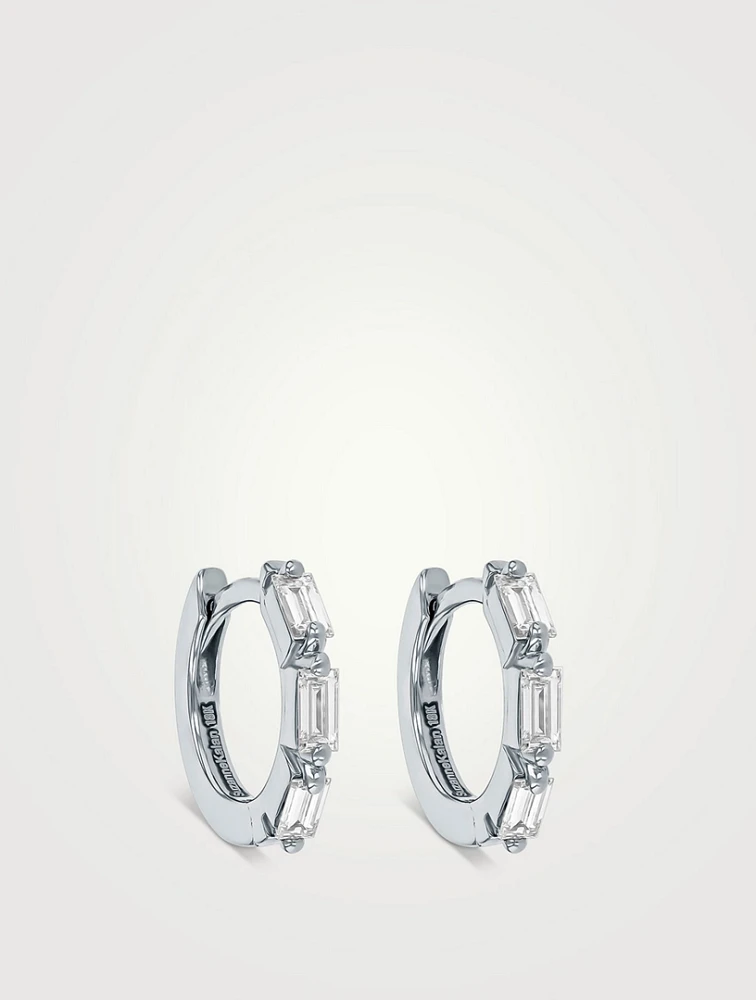 18K White Gold Bold Triple Diamond Huggie Hoop Earrings