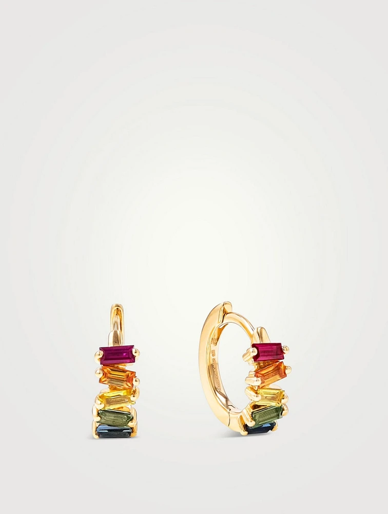 18K Gold Bold Rainbow Sapphire Huggie Hoop Earrings