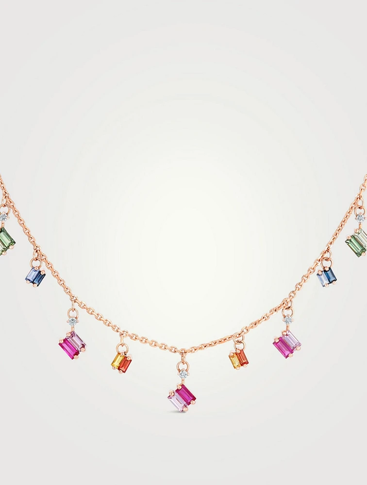 18K Rose Gold Bold Rainbow Sapphire Cascade Necklace