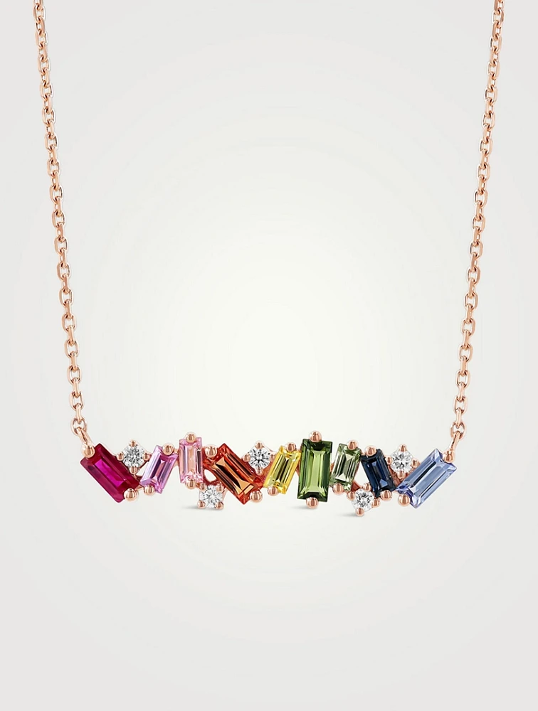 18K Rose Gold Frenzy Rainbow Sapphire Bar Pendant Necklace