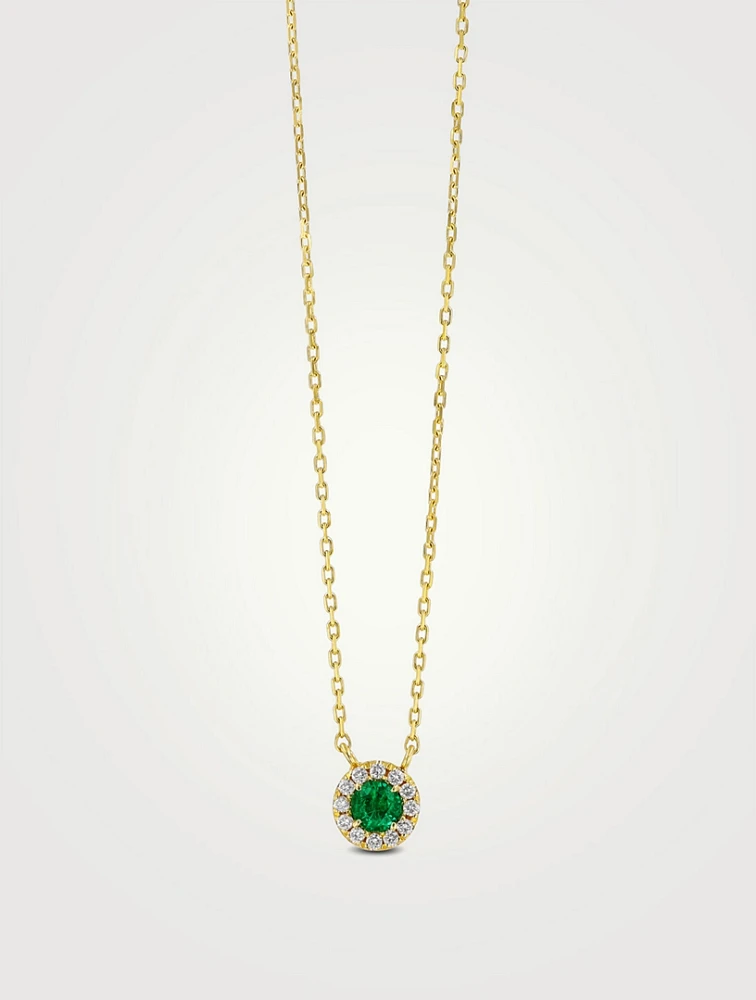 18K Gold Bold Mini Circle Emerald Pendant Necklace