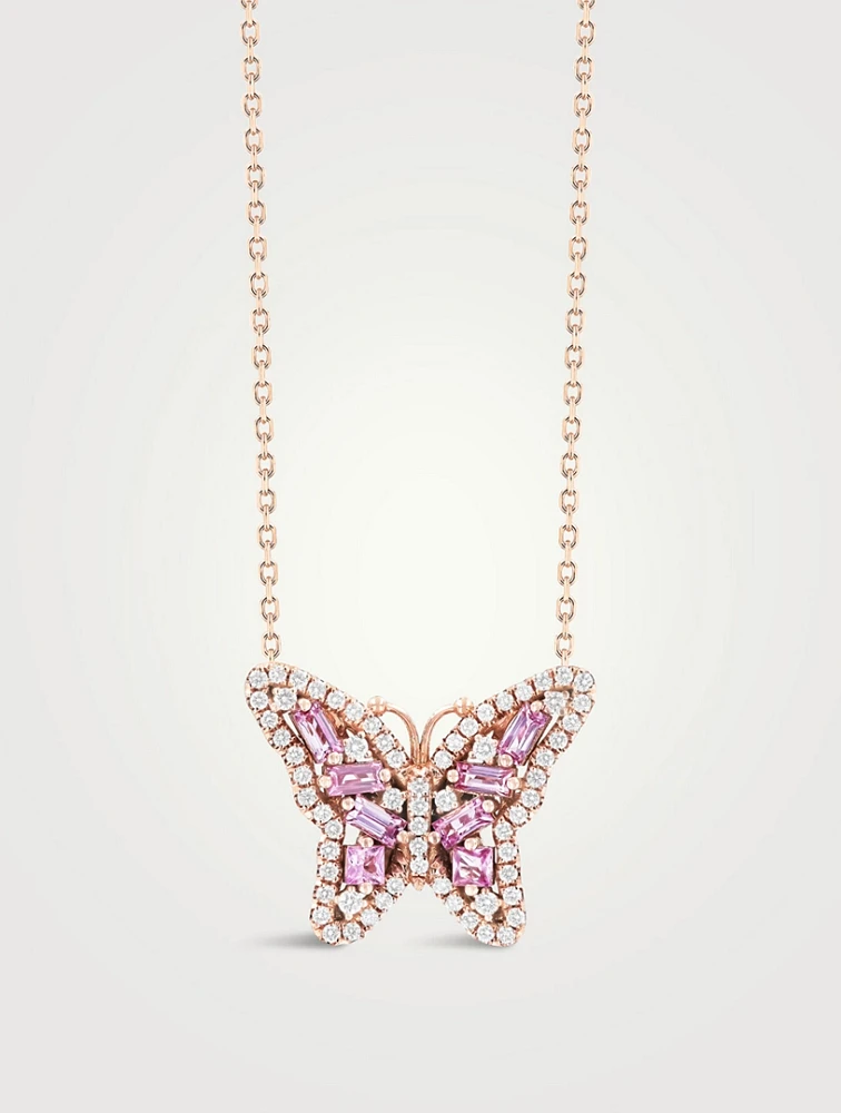 18K Rose Gold Small Bold Butterfly Pink Sapphire Pendant Necklace