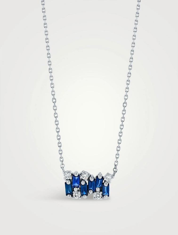 18K White Gold Shimmer Dark Blue Sapphire Mini Bar Pendant Necklace