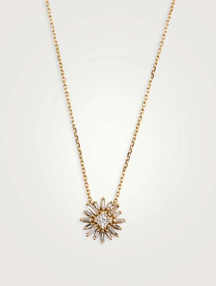 14K Gold Princess Diamond Flower Pendant Necklace