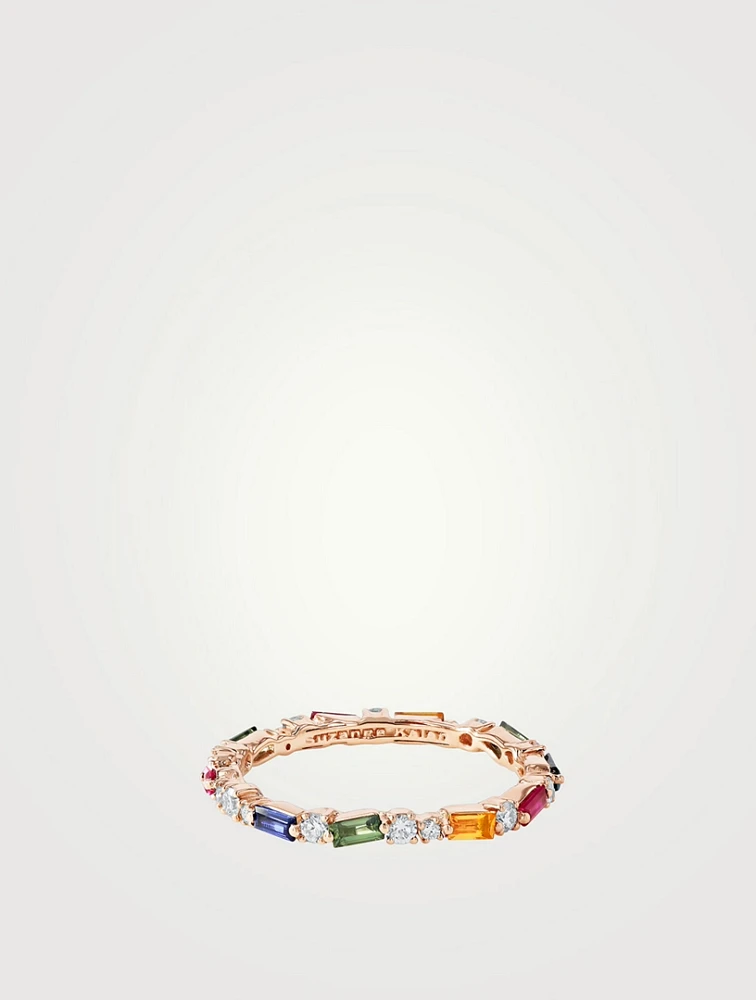 18K Rose Gold Thin Mix Rainbow Sapphire Eternity Band