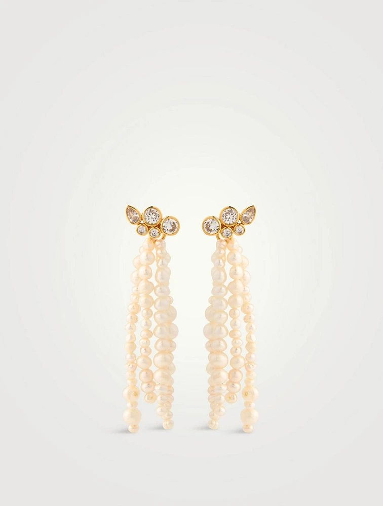 Crystal Bezel Stud Earrings With Pearl Tassel Ear Jackets