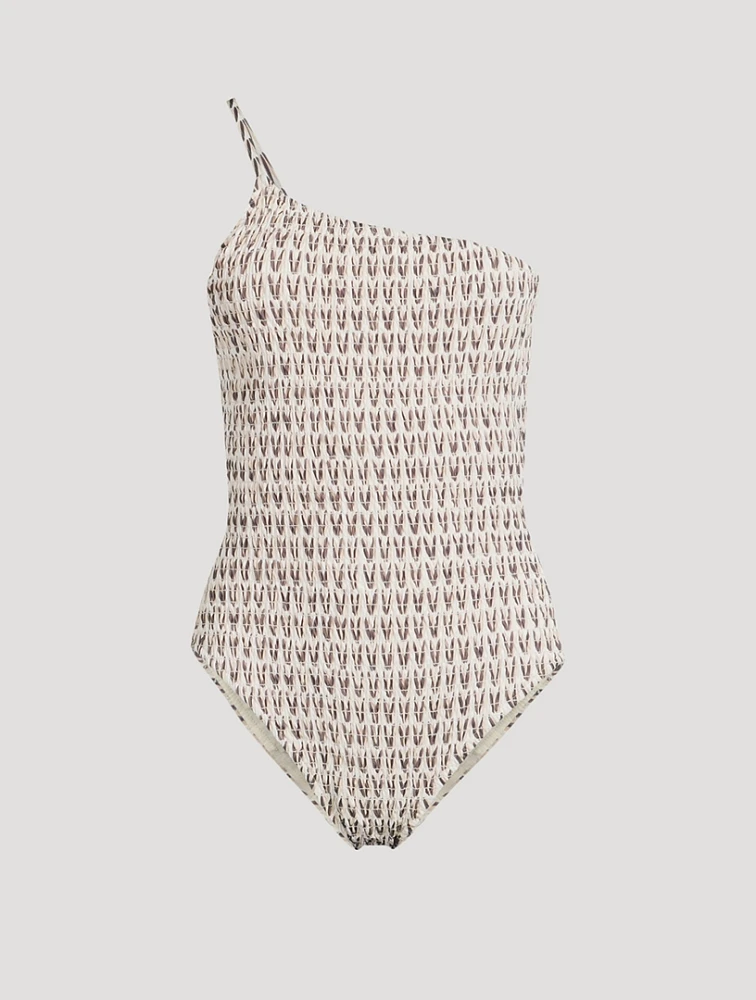 One-Shoulder One-Piece Swimsuit Pecan Print