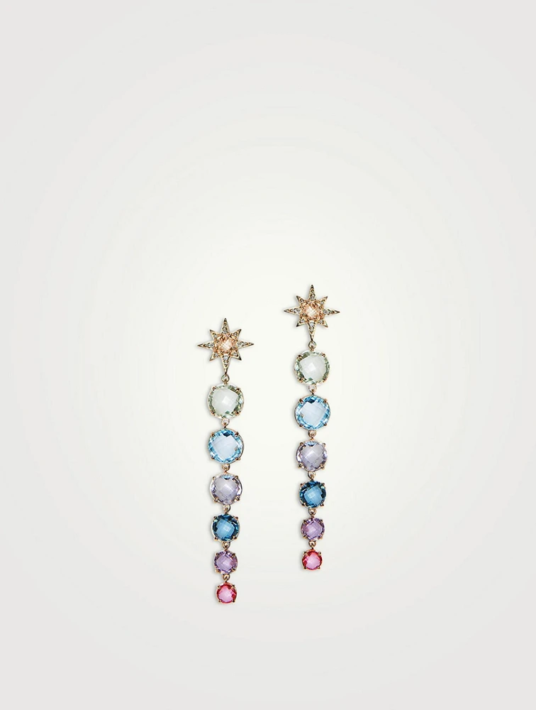 Aztec 14K Gold Long Graduated Starburst Earrings With Multicolour Topaz And Diamonds