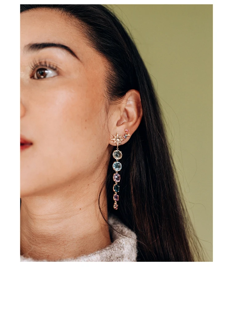 Aztec 14K Gold Long Graduated Starburst Earrings With Multicolour Topaz And Diamonds
