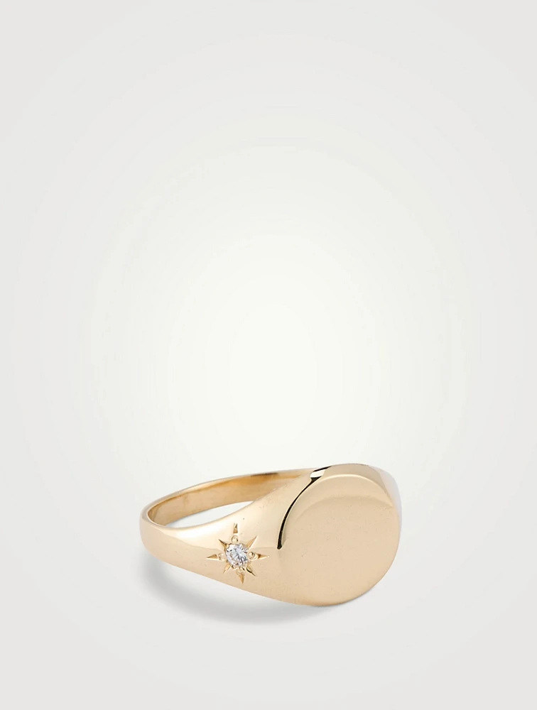 Aztec 14K Gold Engravable Signet Ring With Diamond