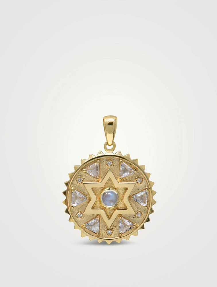 Aztec 14K Gold Star of David Trillion Medallion Pendant With Moonstone And Topaz
