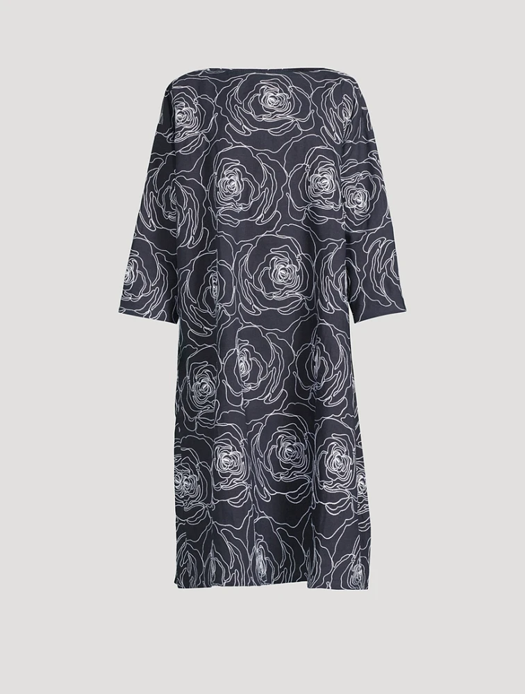Rose-Embroidered Linen Cotton Tunic Dress