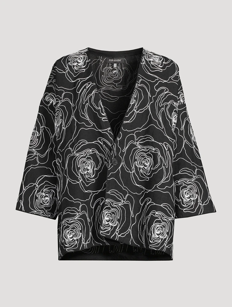 Rose-Embroidered Linen Cotton Jacket
