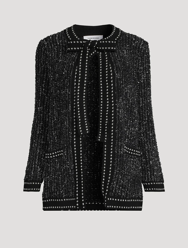 Eyelash Tweed Jacquard Tie-Neck Cardigan
