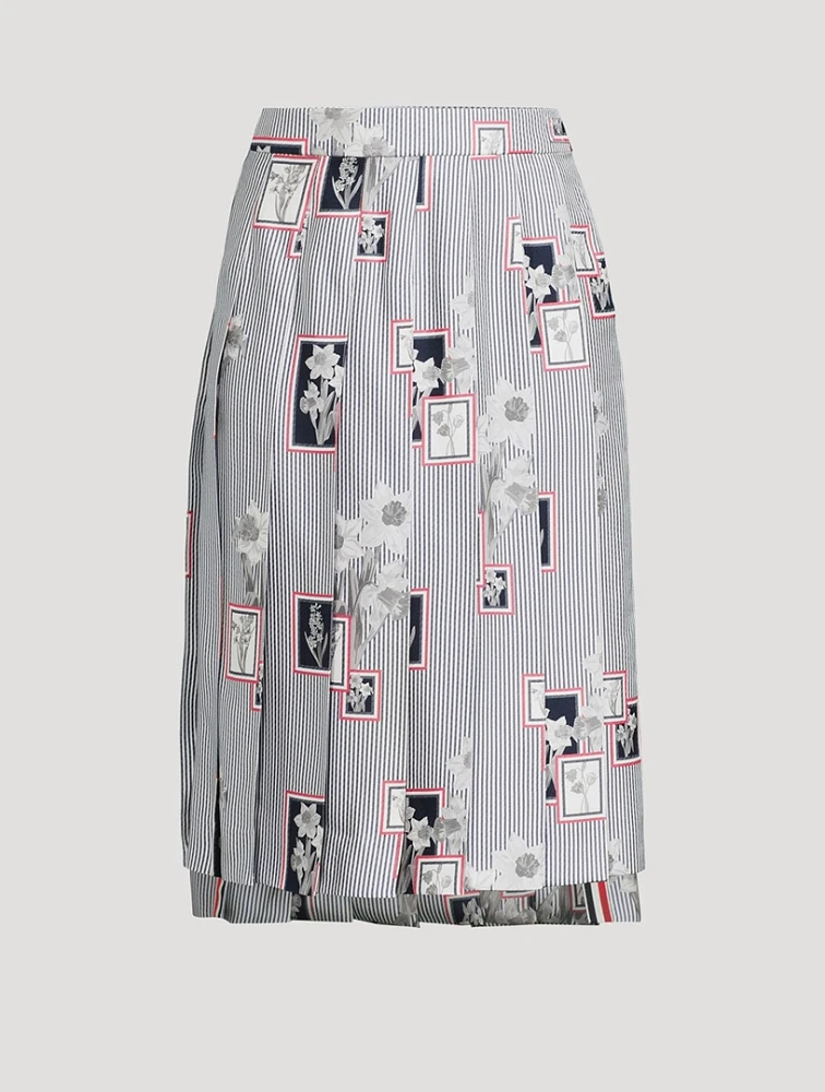 Floral-Embroidered Pleated Silk Midi Skirt Stripe Print