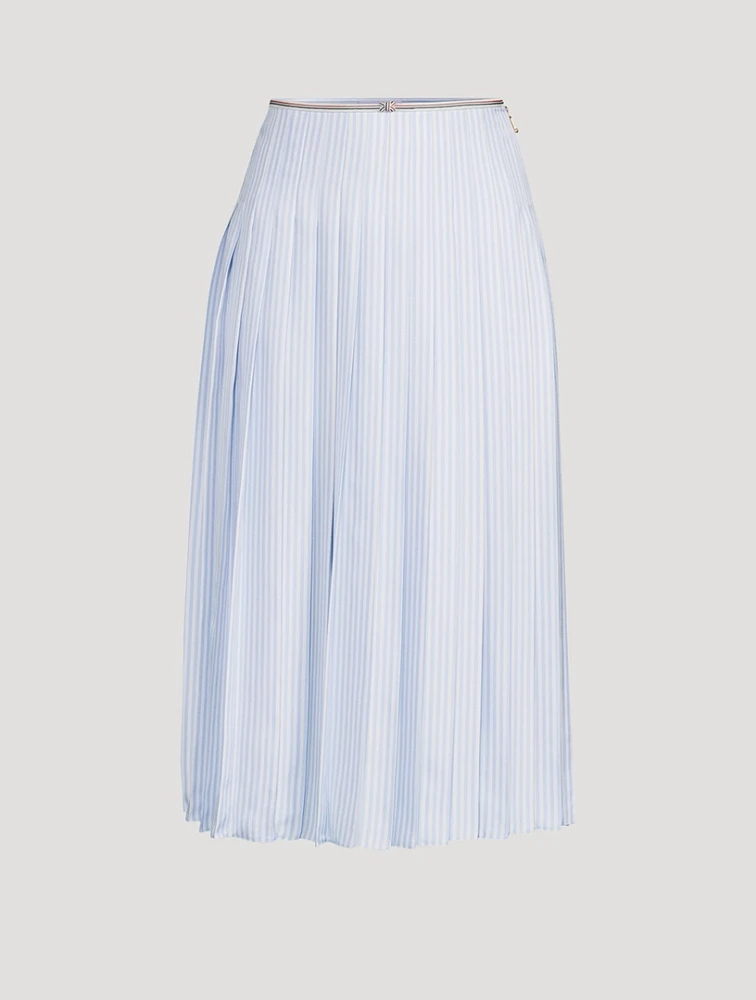Pleated Silk Twill Midi Skirt Stripe Print
