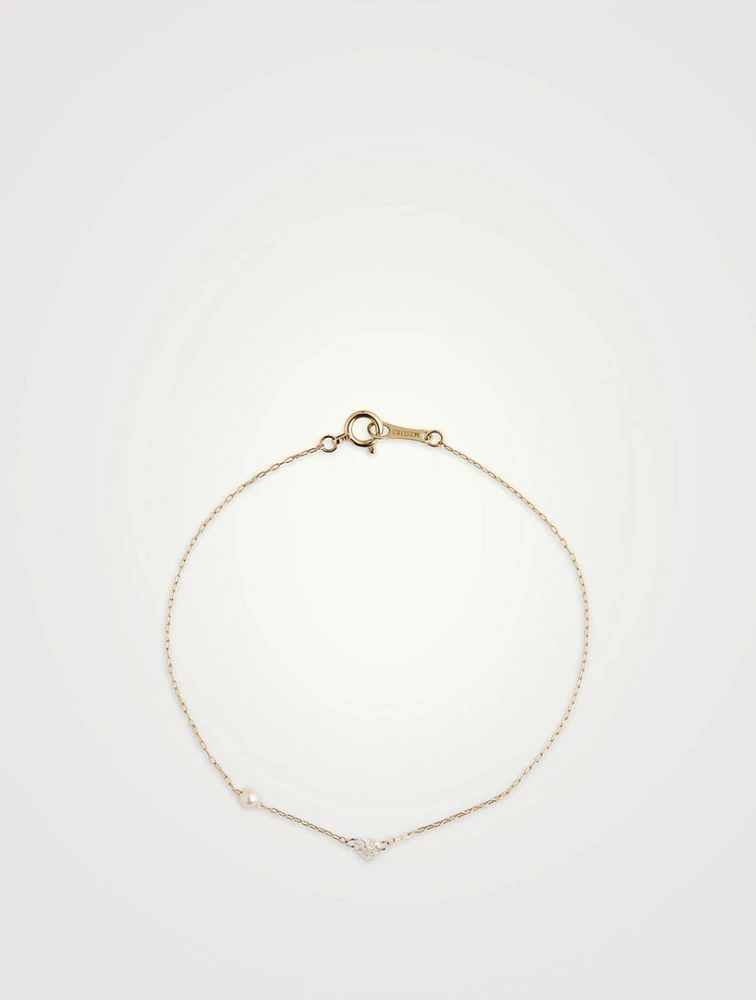Sea Of Beauty 14K Gold Bracelet With Heart Diamond And Pearl