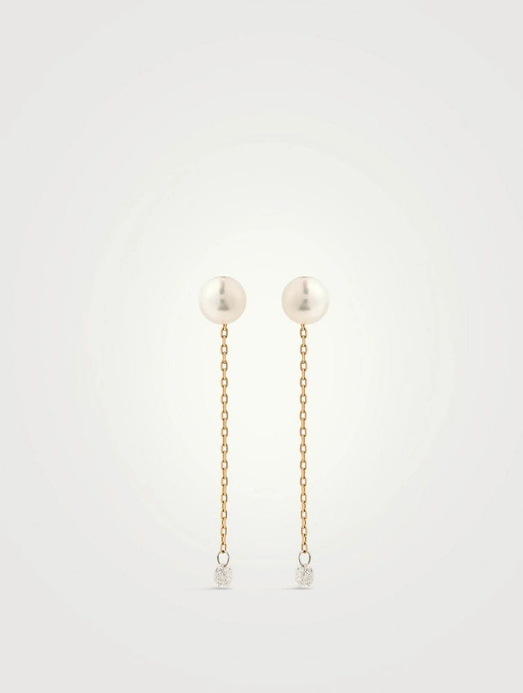 Sea Of Beauty 14K Gold Pierced Diamond And Pearl Chain Earrings