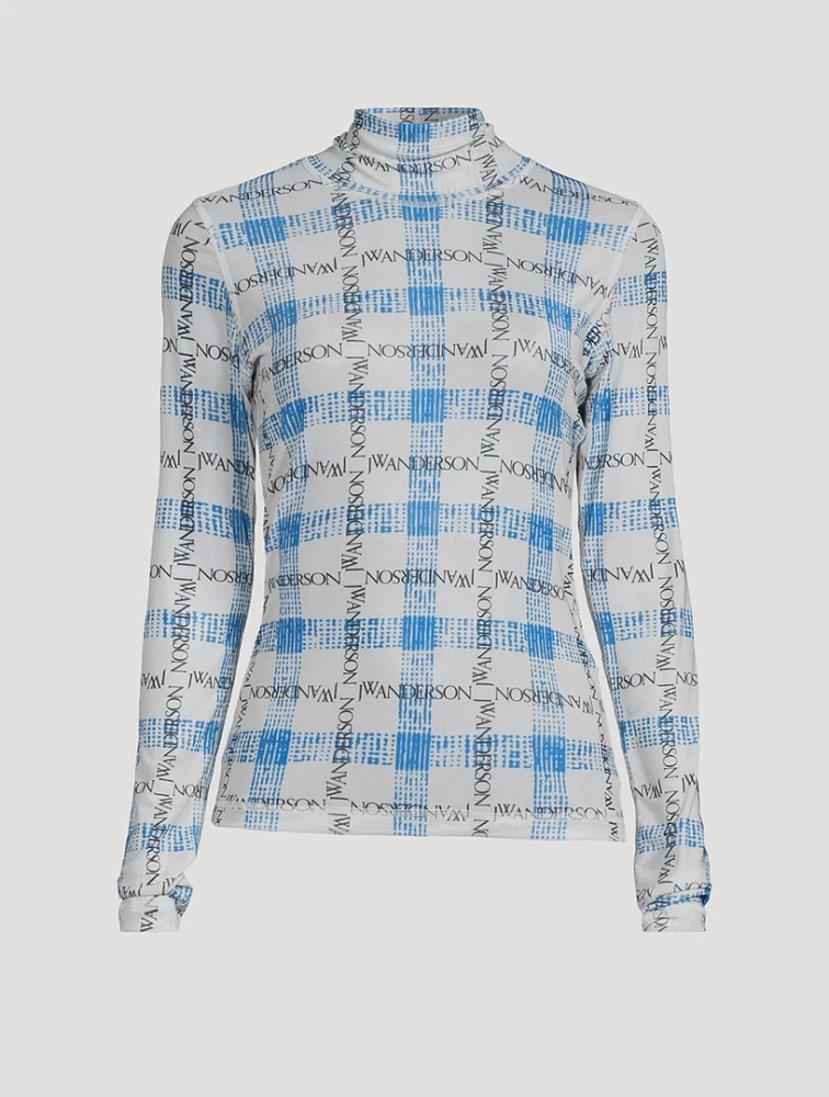 Mesh Turtleneck Logo Grid Print