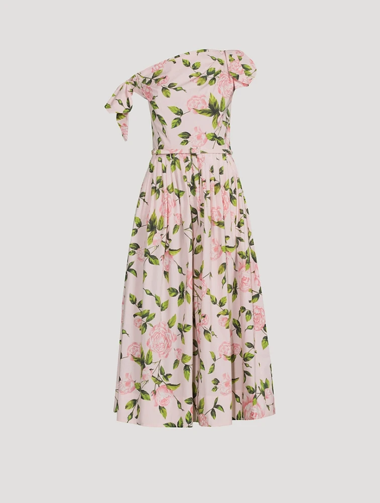 Asymmetric Poplin Midi Dress Rose Print