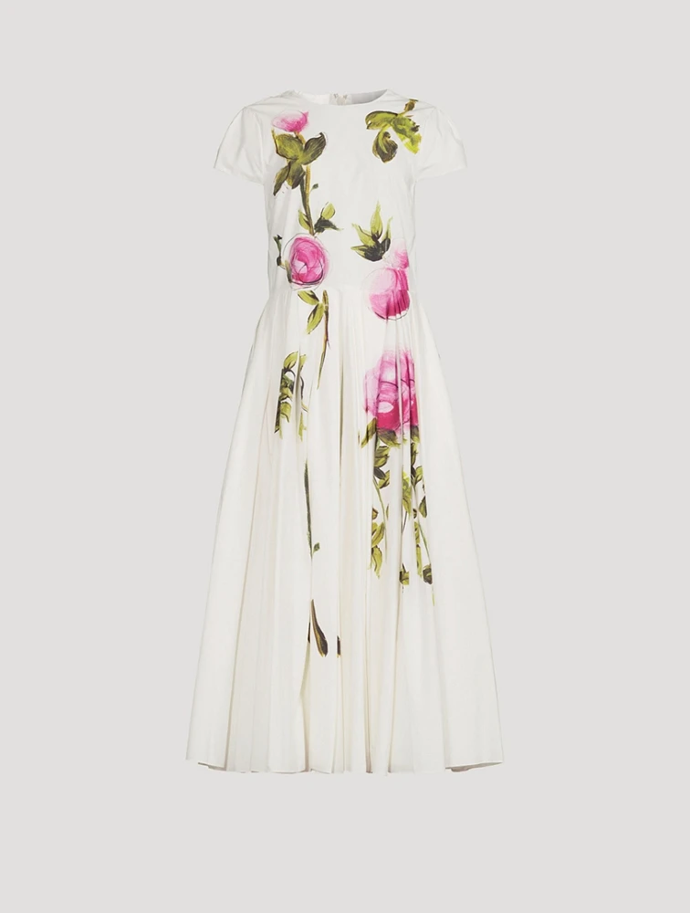 Poplin Midi Dress Painted Roses Print