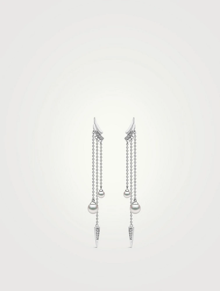 Trend 18K White Gold Pearl And Diamond Apex Chain Earrings