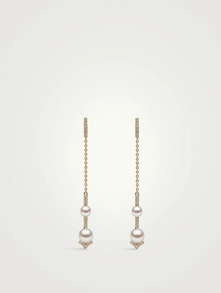 Trend 18K Gold Pearl And Diamond V Chain Earrings