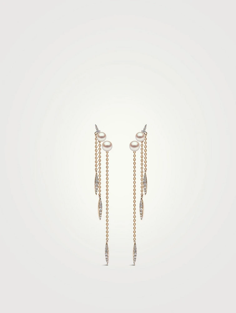 Trend 18K Gold Pearl And Diamond Feather Chain Earrings