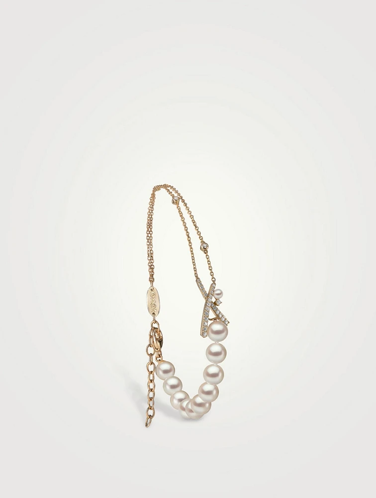 Sleek 18K Gold Akoya Pearl And Diamond Cross Bracelet