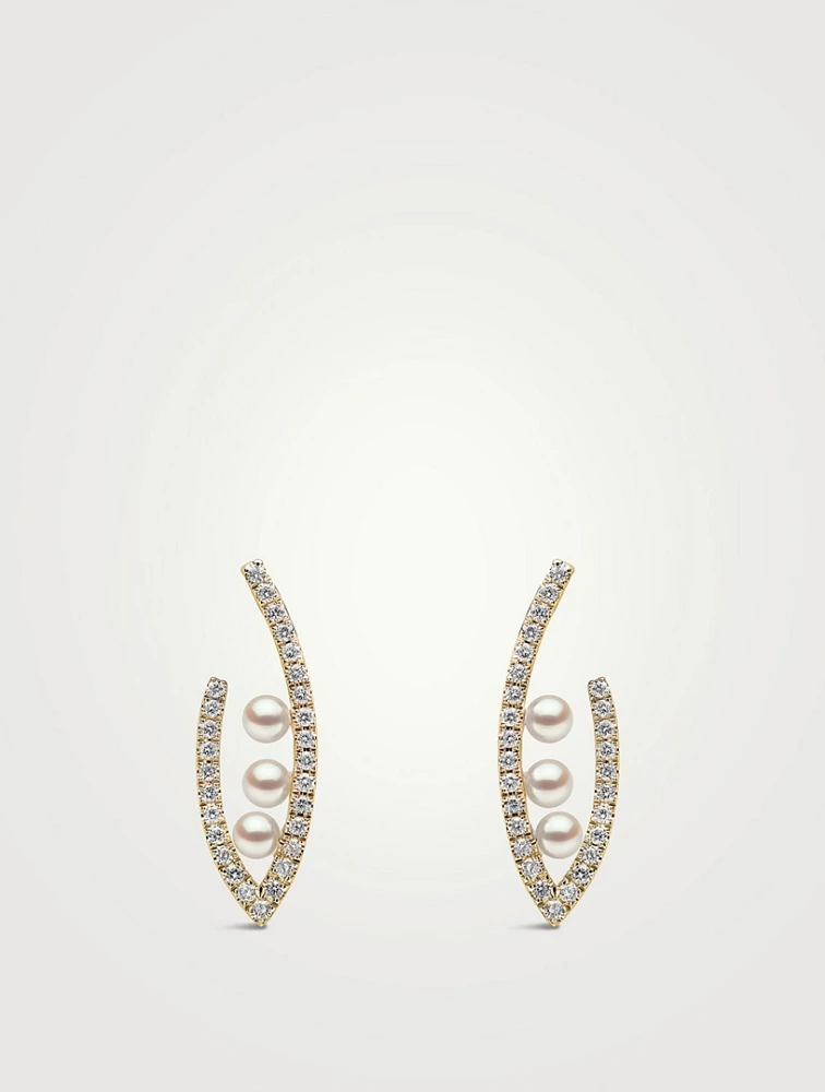 Sleek 18K Gold Triple Floating Akoya Pearl And Diamond Earrings