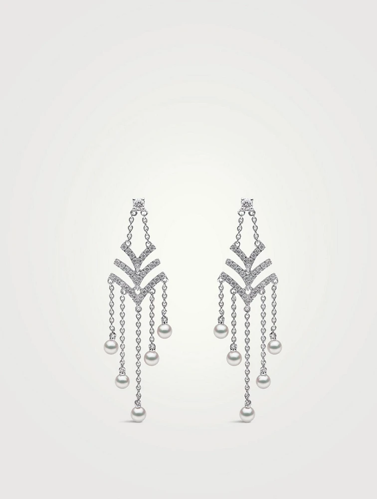 Sleek 18K White Gold Akoya Pearl And Diamond V Chain Drop Earrings