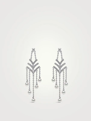Sleek 18K White Gold Akoya Pearl And Diamond V Chain Drop Earrings