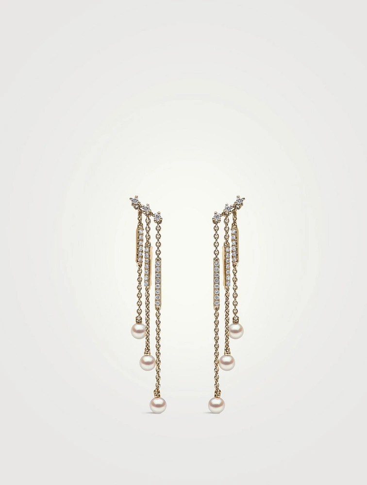 Sleek 18K Gold Akoya Pearl And Diamond Triple Chain Drop Earrings