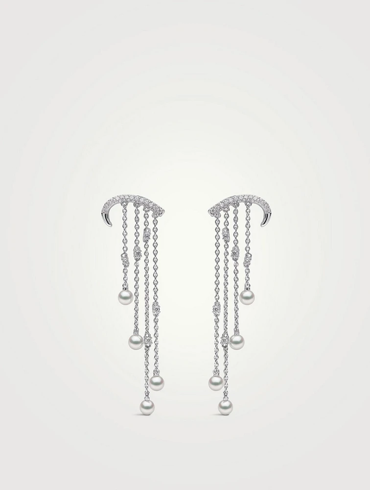 Sleek 18K White Gold Akoya Pearl And Diamond Arch Chain Drop Earrings