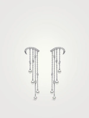 Sleek 18K White Gold Akoya Pearl And Diamond Arch Chain Drop Earrings