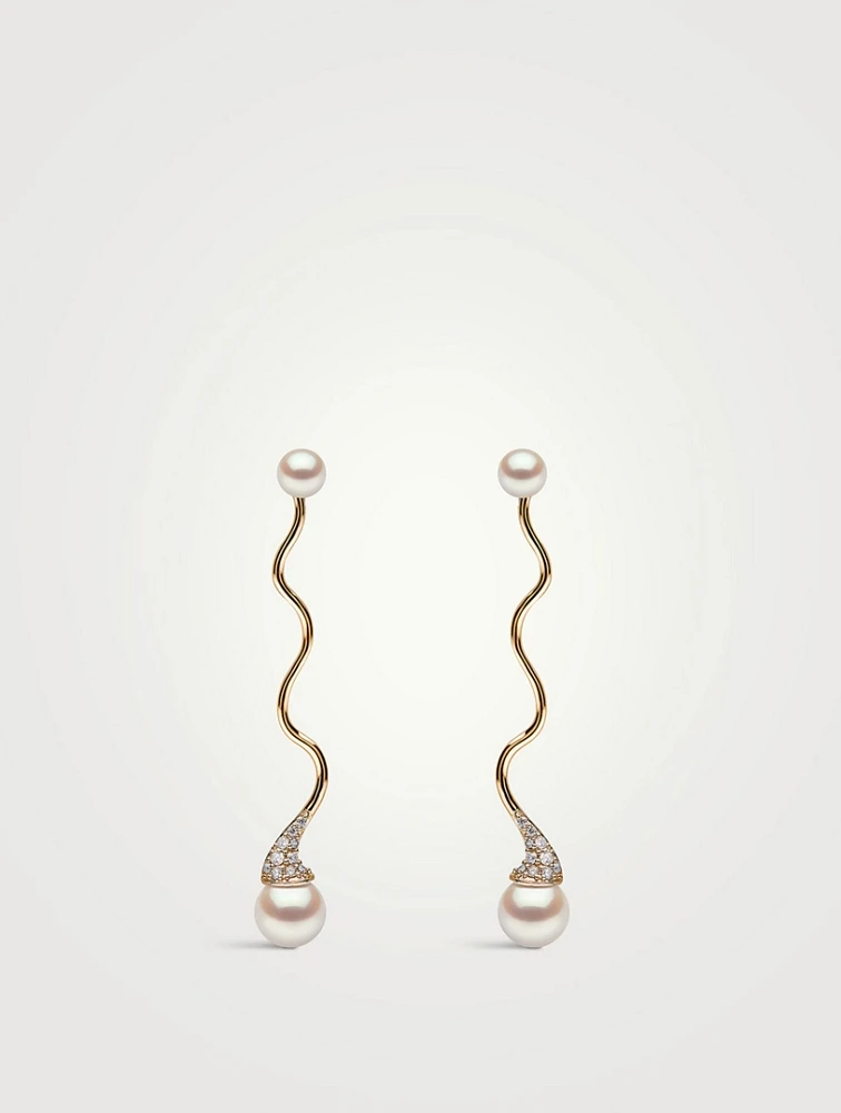 Sleek 18K Gold Akoya Pearl And Diamond Wave Earrings