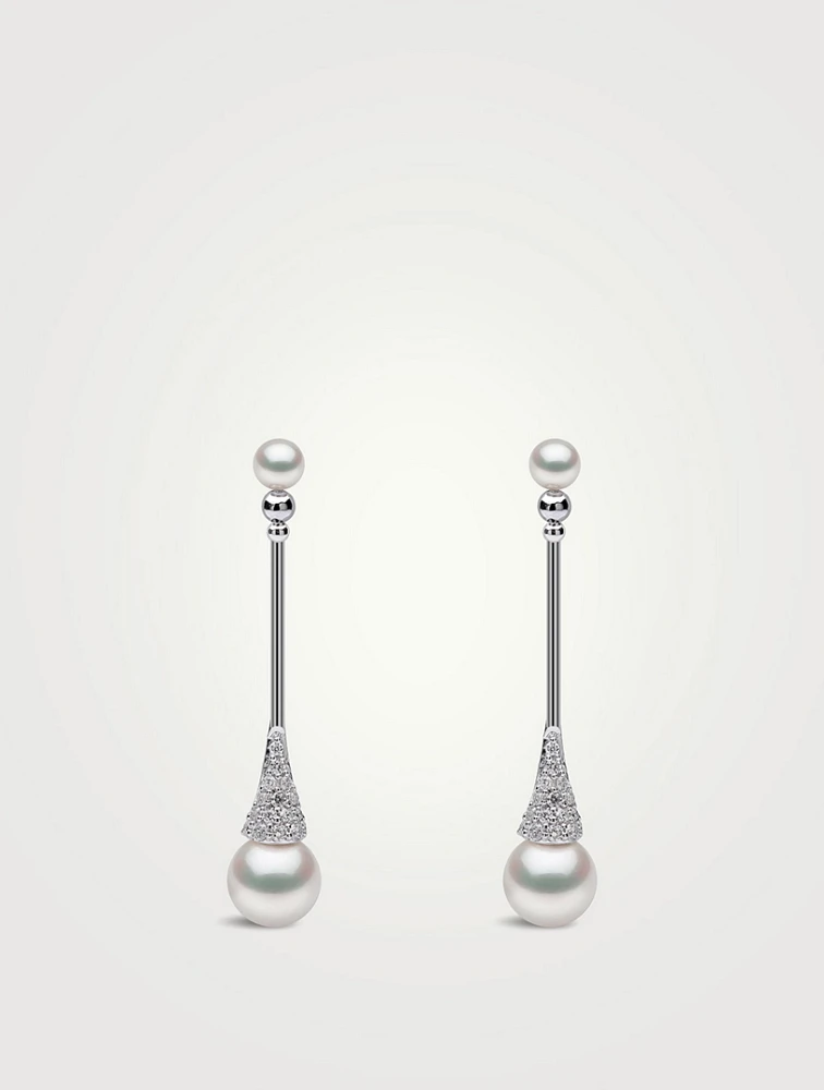 Sleek 18K White Gold Akoya Pearl And Diamond Earrings