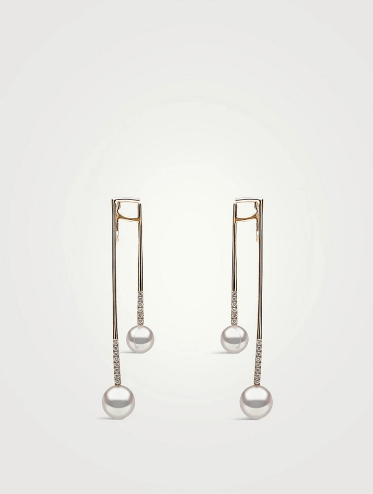 Sleek 18K Gold Akoya Pearl And Diamond Earrings
