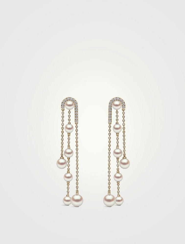Sleek 18K Gold Pearl And Diamond Chain Earrings