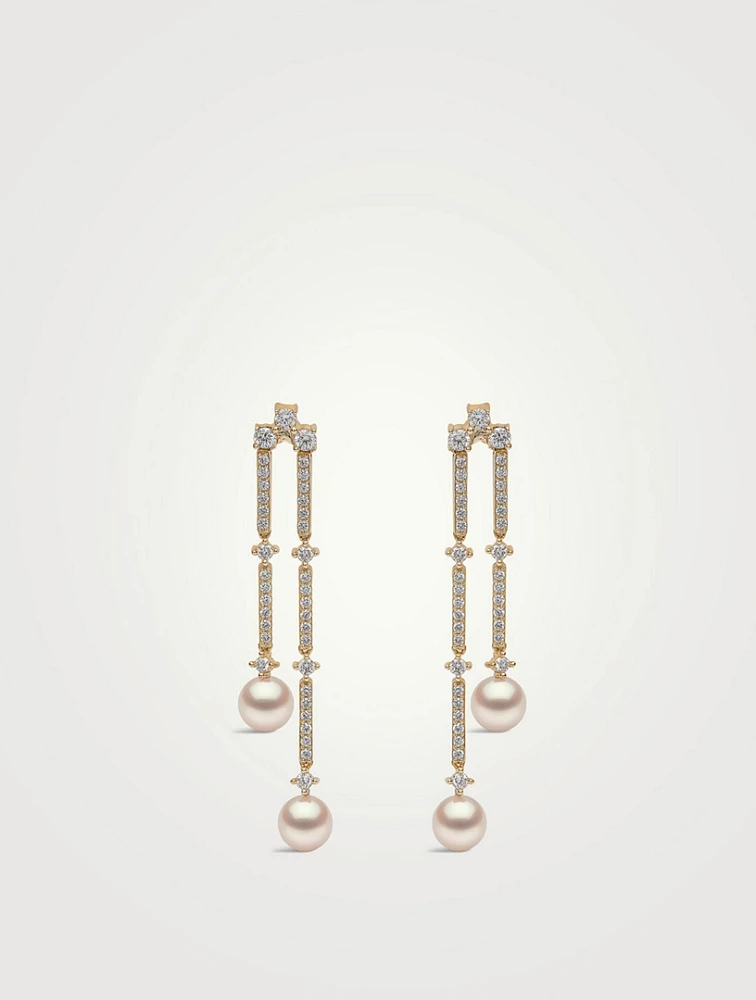 Sleek 18K Gold Akoya Pearl And Diamond Drop Earrings