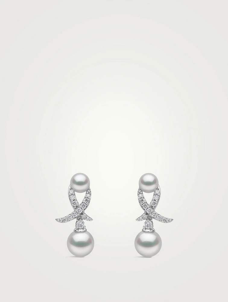 Sleek 18K White Gold Akoya Pearl And Diamond Motif Earrings