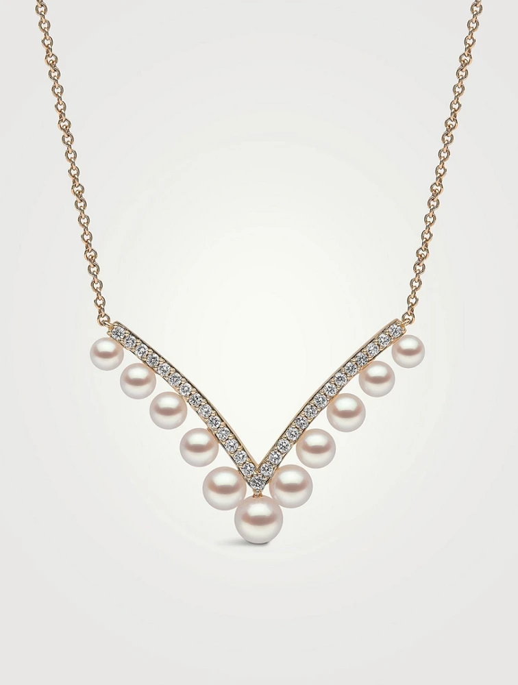 Sleek 18K Gold Akoya Pearl And Diamond Necklace