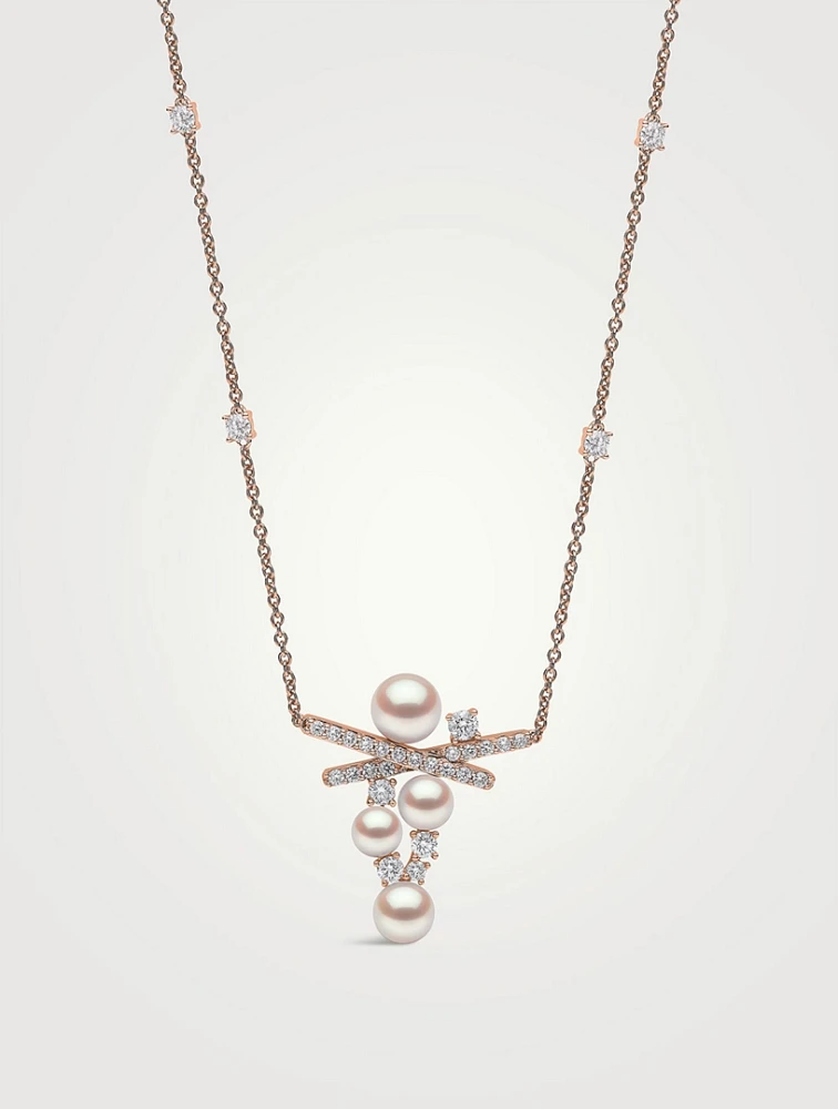 Sleek 18K Rose Gold Akoya Pearl And Diamond Necklace