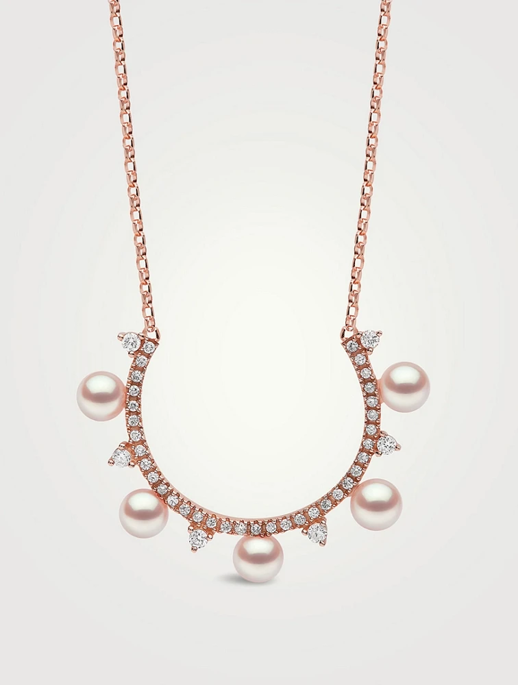 Sleek 18K Rose Gold Akoya Pearl And Diamond Necklace