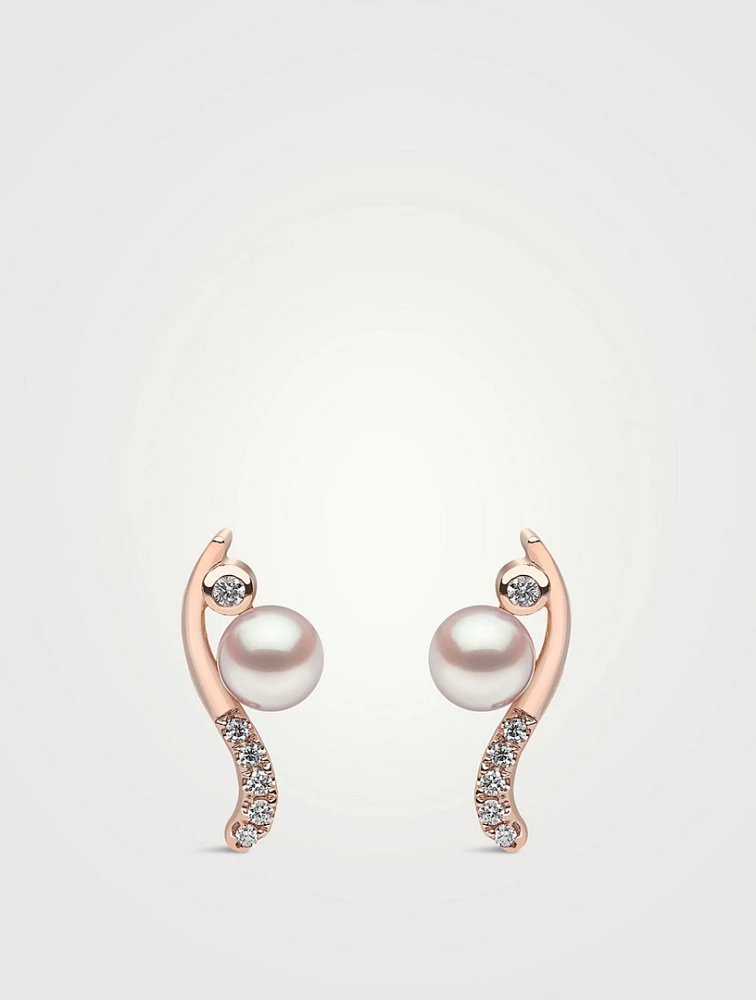 Trend 18K Rose Gold Pearl And Diamond Curve Stud Earrings