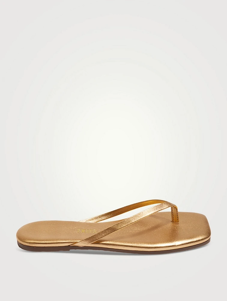 Lily Square-Toe Metallic Leather Flip-Flops