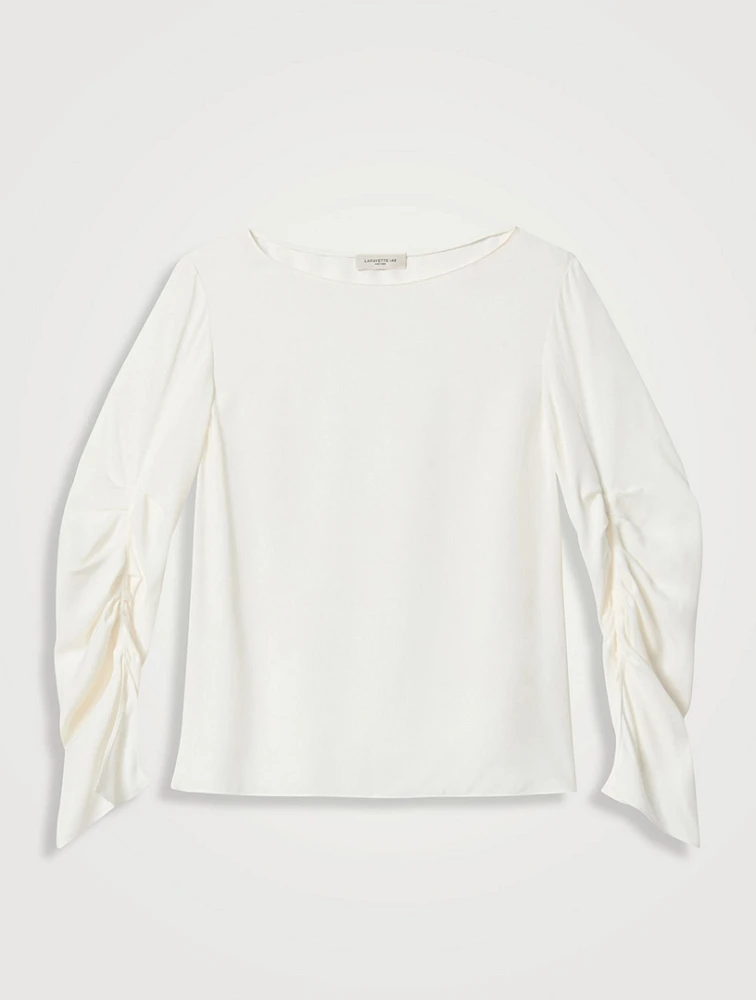 Ruched-Sleeve Silk Blouse