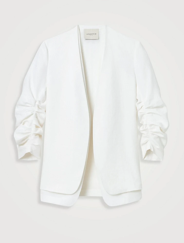 Ruched-Sleeve Linen Blazer
