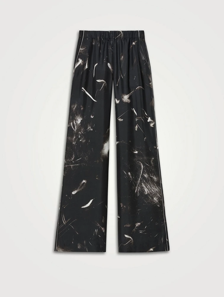 Riverside Silk Twill Wide-Leg Trousers Charcoal Print
